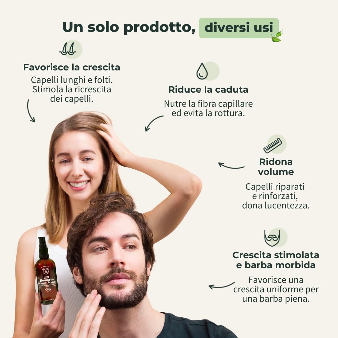 BIONOBLE Olio di Rosmarino per Capelli Bio - Stimola Crescita, Nutre il Cuoio Capelluto - Olio Capelli Rosmarino, Ricino, Argan - Rosemary Oil for Hair Growth - Bottiglia di Vetro, Pipetta - 50ml