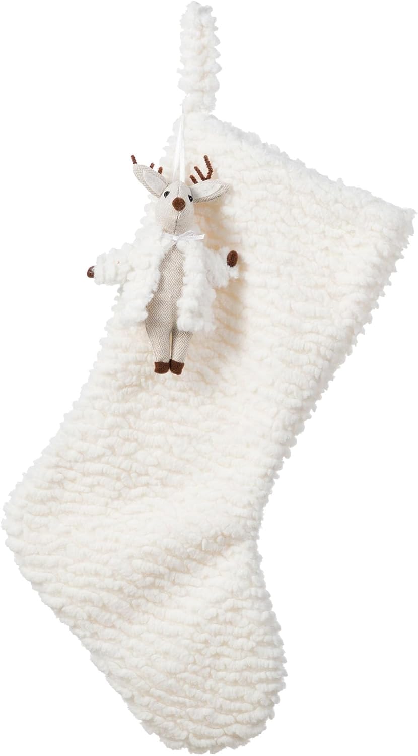 Glitzhome White Plush Christmas Stockings with Complimentary Reindeer Ornament, 21 Inch Large Christmas Stockings for Xmas Stocking for Fireplace Door Wall Holiday Decorations