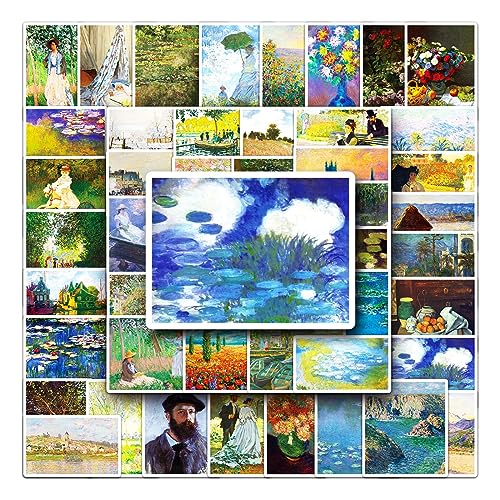 50 Stück Monet Aufkleber Pack Ölgemälde Sticker Set Wasserdichte Vinyl Sticker für Laptop Kinder Autos Motorrad Fahrrad Skateboard Gepäck Koffer Computer Aufkleber Graffiti Decal