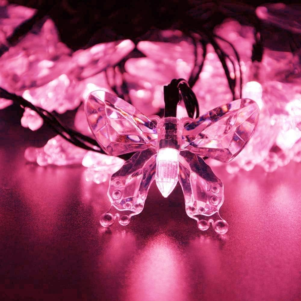KINGCOO Butterfly String Lights, Waterproof 23FT 50LED Butterfly Lamp Solar Fairy Decorative String Lights 8Mode Outdoor Indoor for Garden Home Wedding Party Christmas Lighting Decoration(Pink)