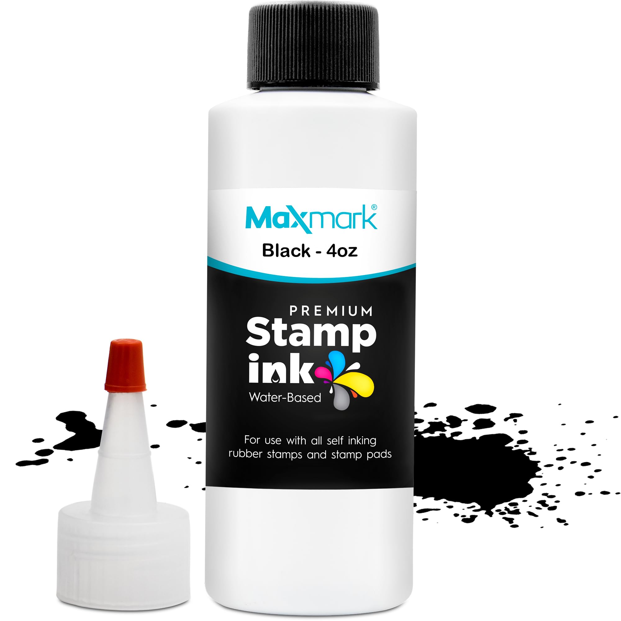 MaxMark Premium Refill Ink with Control Tip Bottle for Self-Inking Stamps, Black Color - 4 oz.