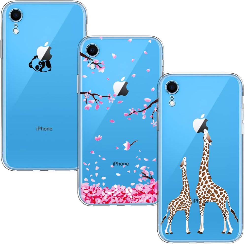 Yoowei 3-Pack iPhone XR Case, Ultra Thin Crystal Clear Case with Stylish Cute Cartoon Flowers Pattern Soft Flexible Silicone Gel TPU Bumper Cover for iPhone XR - 2 Giraffes, Cherry Blossom & Panda