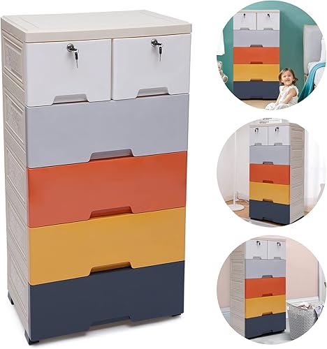 Miniatura 3 de LyeXD Cómoda de plástico con 6 cajones, cajones de armario de 5 capas, organizador alto para ropa con cerradura, armario de almacenamiento de