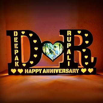 EVALUZE Customized Wooden Couple Alphabet with Two Names and Your Image Printed on Heart Frame LED Lamp (9X18X2 inches, Yellow) Pack of 1