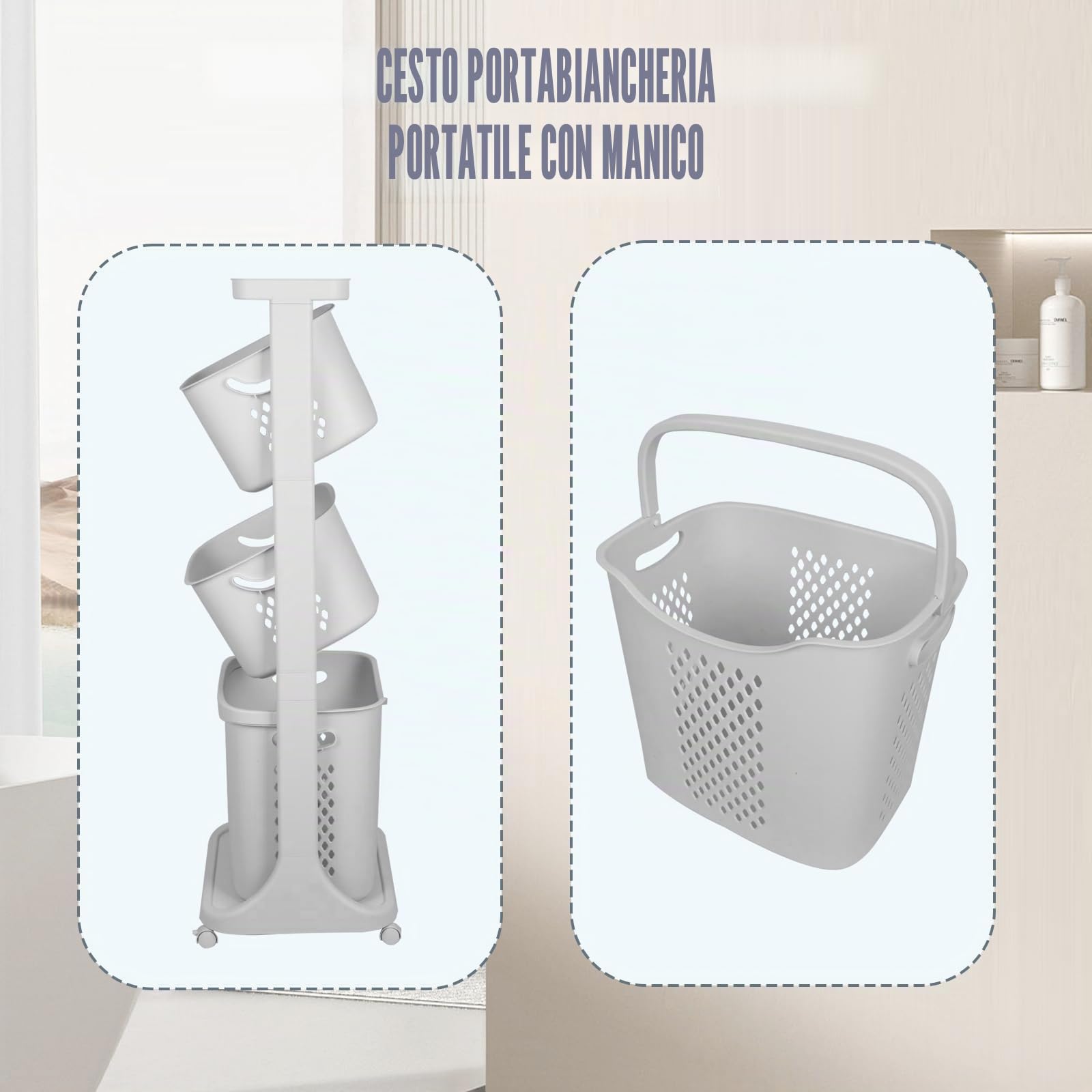 Cesto portabiancheria mobile a 3 livelli, cestino portabiancheria sporco, 3 scomparti, rimovibile, 44 x 33 x 110 cm