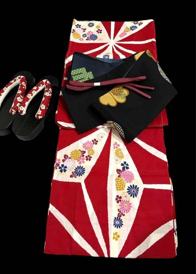 浴衣 大正ロマン アンティーク 浴衣 麻の葉 猫 赤 白 黒猫 限定1☆浴衣