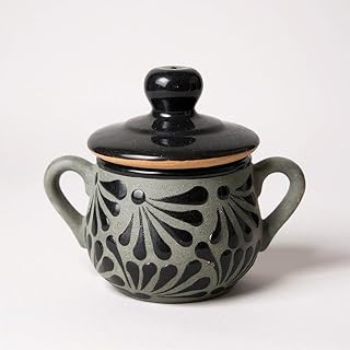 "Mis Jarritos Mexican Clay Sugar Bowl with Lid – Traditional Handmade Azucarera de Barro con Tapa – Black Plumeado Design – Classic Cookware – Made in Mexico"