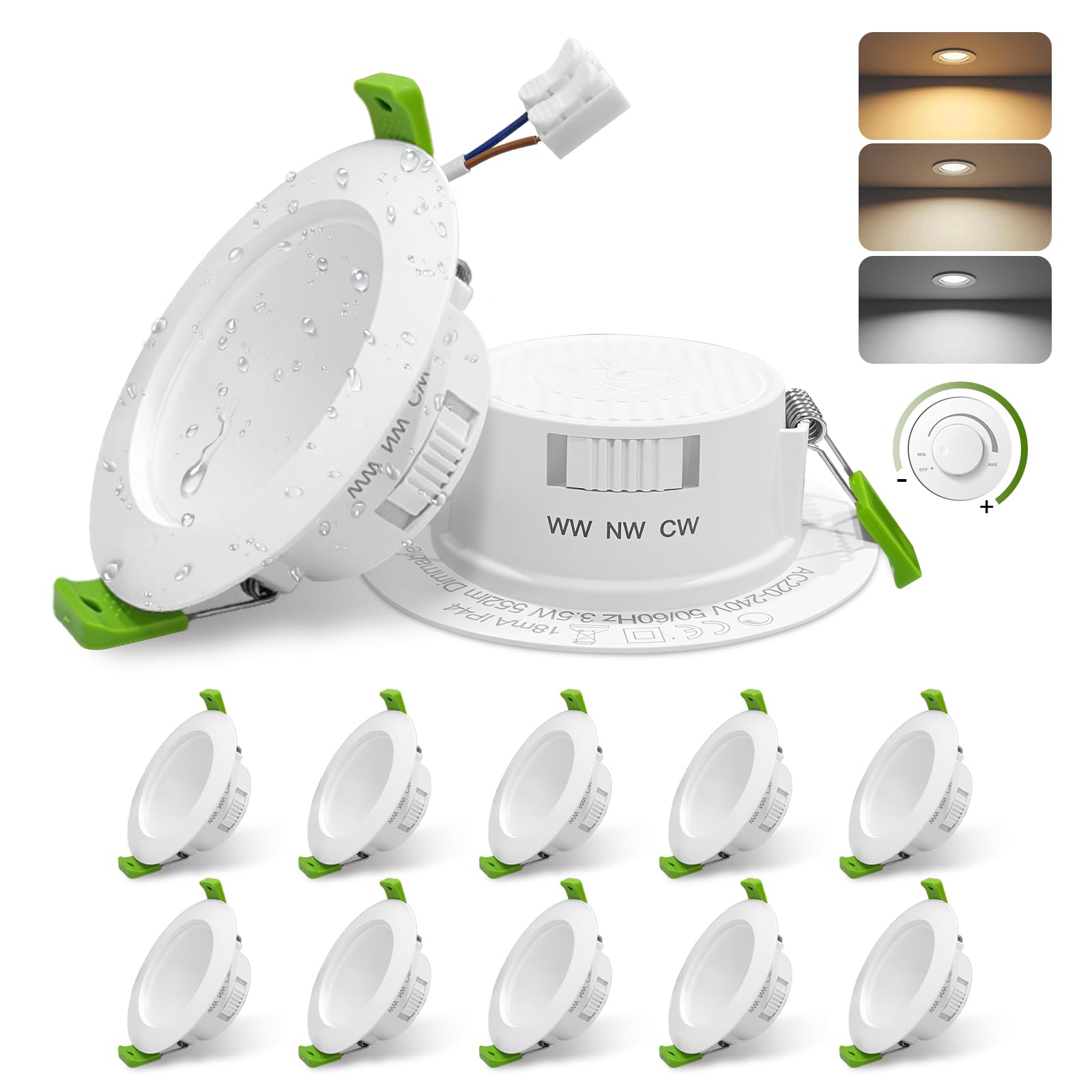 GY LED Downlights Ultra Slim 3.5W 552LM 230V 3CCT Recessed Ceiling Lights Dimmable, Warm White 3000K Neutral White 4000K Cool White 6500K Adjustable, IP44 Fixtures for Bathrooms and Kitchens, 12 PCS