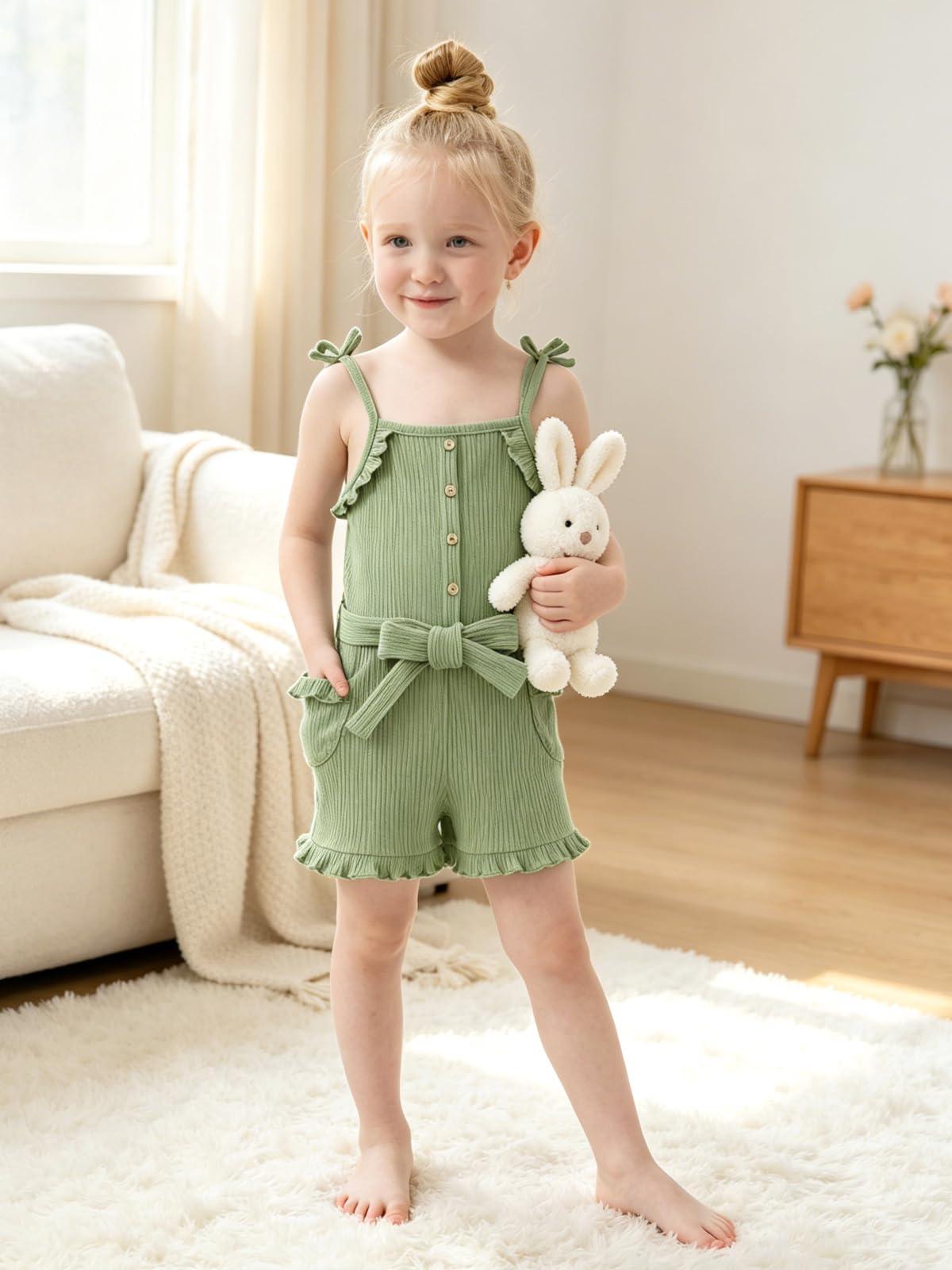 Miipat Combinaisons Sans Manches pour Bébé Fille, Combinaisons Pantalons Ensemble D'été Décontractées Coton Tout-petits à Bretelles Fines et Volants en Maille Enfants