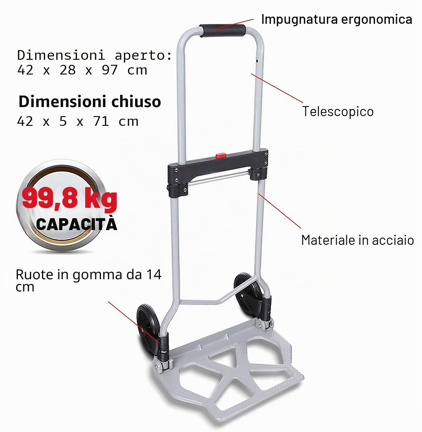 Carrello portapacchi,Scalabile,Carrello pieghevole in alluminio,Carrello portacasse con ruote di gomma,Carico massimo 100KG