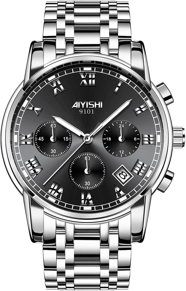 Men's Stainless Steel Chronograph Watch, Luxury Big Face Easy to Read Analog Quartz Watch with Date Diamond Roman Numerals Dial Dress Waterproof Watch for Men