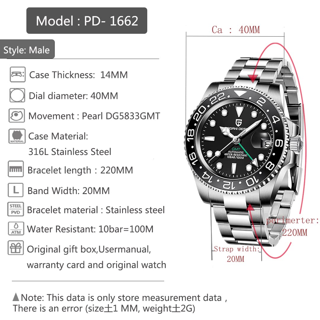 Pagani Design 1662 Uomo Automatico GMT Meccanico in Acciaio Inox 40MM Orologio in Cristallo di Zaffiro Impermeabile Luminoso Moda Business Uomo