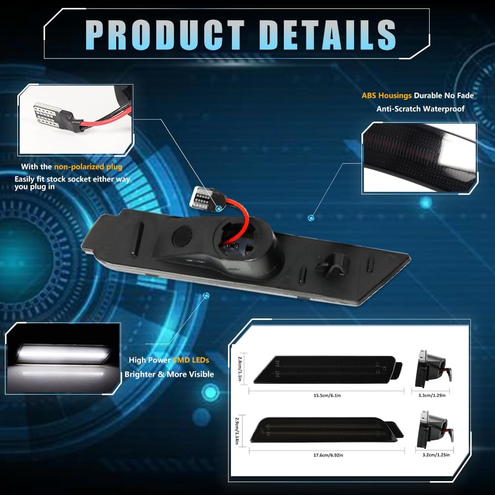 Front & Rear LED Side Marker Lights for Chevy Camaro 2010-2015, Camaro Smoked Lens Side Bumper Marker Lights, Camaro White LED Turn Signal Lamps, 4 PCS
