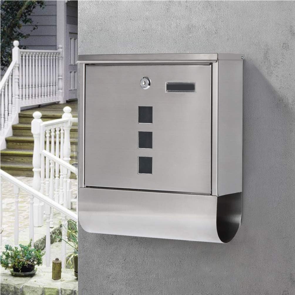 Jssmst Locking Wall Mount Mailbox, Stainless Steel Mailboxes with Secure Key Lock and Newspaper Compartment, HPB2203 Silver