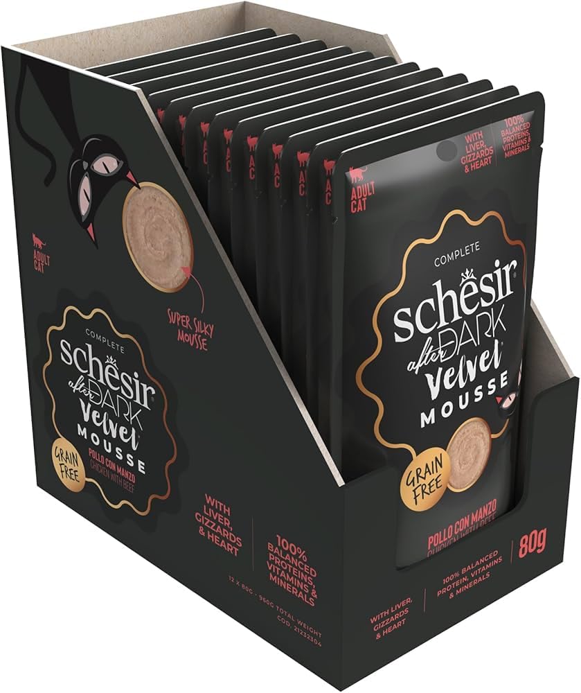Schesir After Dark, Chicken Mousee with Beef in Broth, Complete Wet Cat Food (12 sachets x 80g)