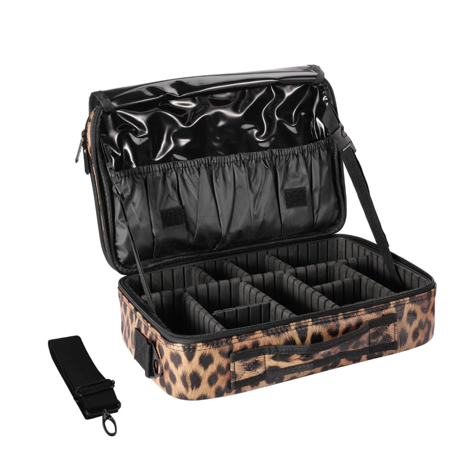 GERYUAEG Makeup Case Large Travel Makeup Bag 3 Layers Cosmetic Train Case Cosmetic Organizer Brush Holder Waterproof Makeup Storage Bag with Adjustable Dividers and Shoulder Strap (Leopard)