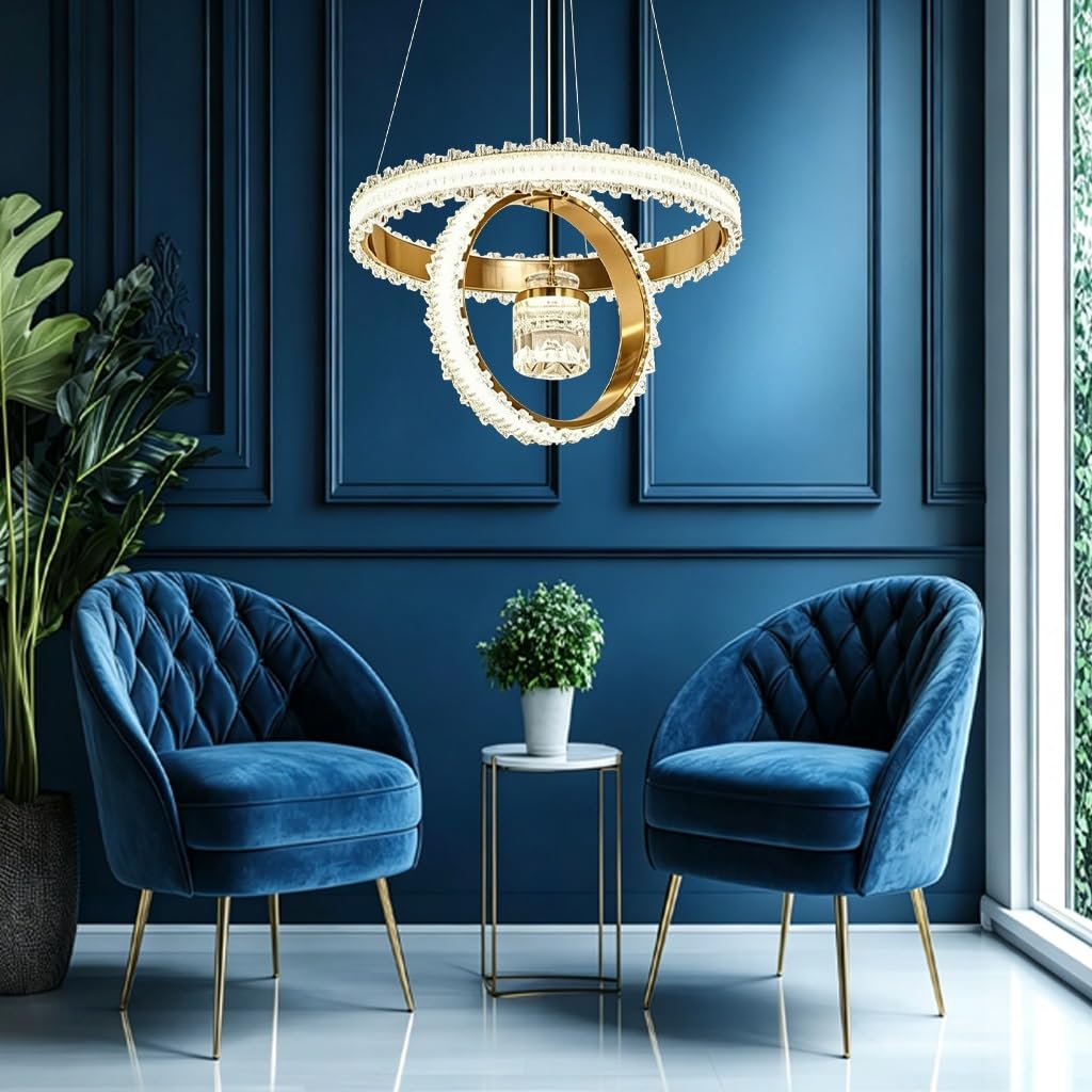 Lampa Kryształowa Nowoczesna Lampa Wisząca LED O Dwupierścieniowym Wzorze Regulowana Wysokością 50 Cm Oświetlenie Ściemnialne W Trzech Kolorach Odpowiednia Do Salonu Jadalni I Sypialni