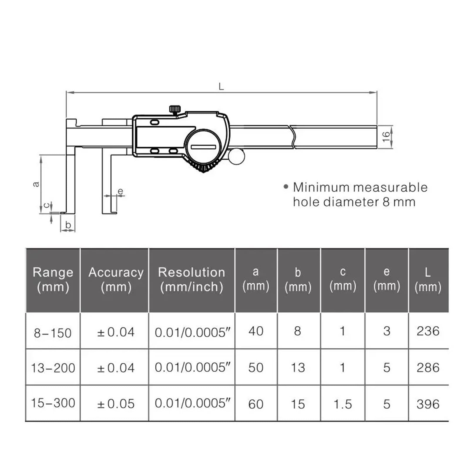 8-150/13-200/15-300 mm cyfrowy wewnętrzny rowek suwmiarka cyfrowa ze stali nierdzewnej (5130-200)