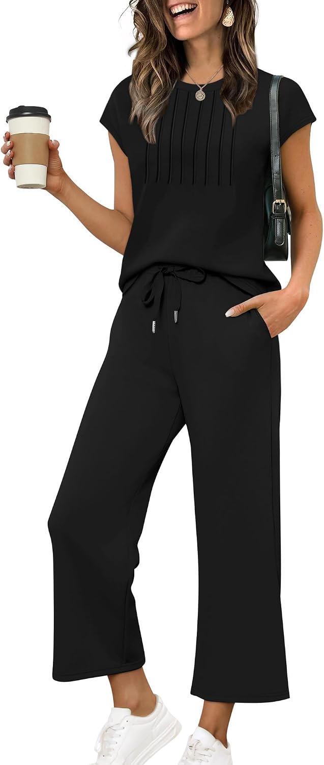 Sampeel Lounge Sets for Women 2 Piece Summer Spring Outfits Matching Sets Women Clothing Fashion 2026 Work Business Casual Outfits Vacation Airport Travel Clothes Wrinkle Free Black L