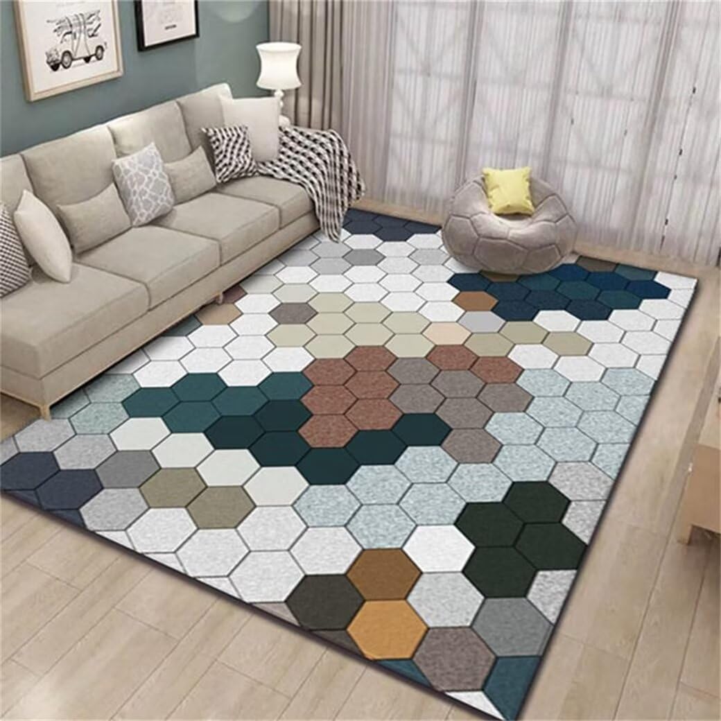 Grand tapis bleu 180x250cm géométrique moderne pour salon et enfant