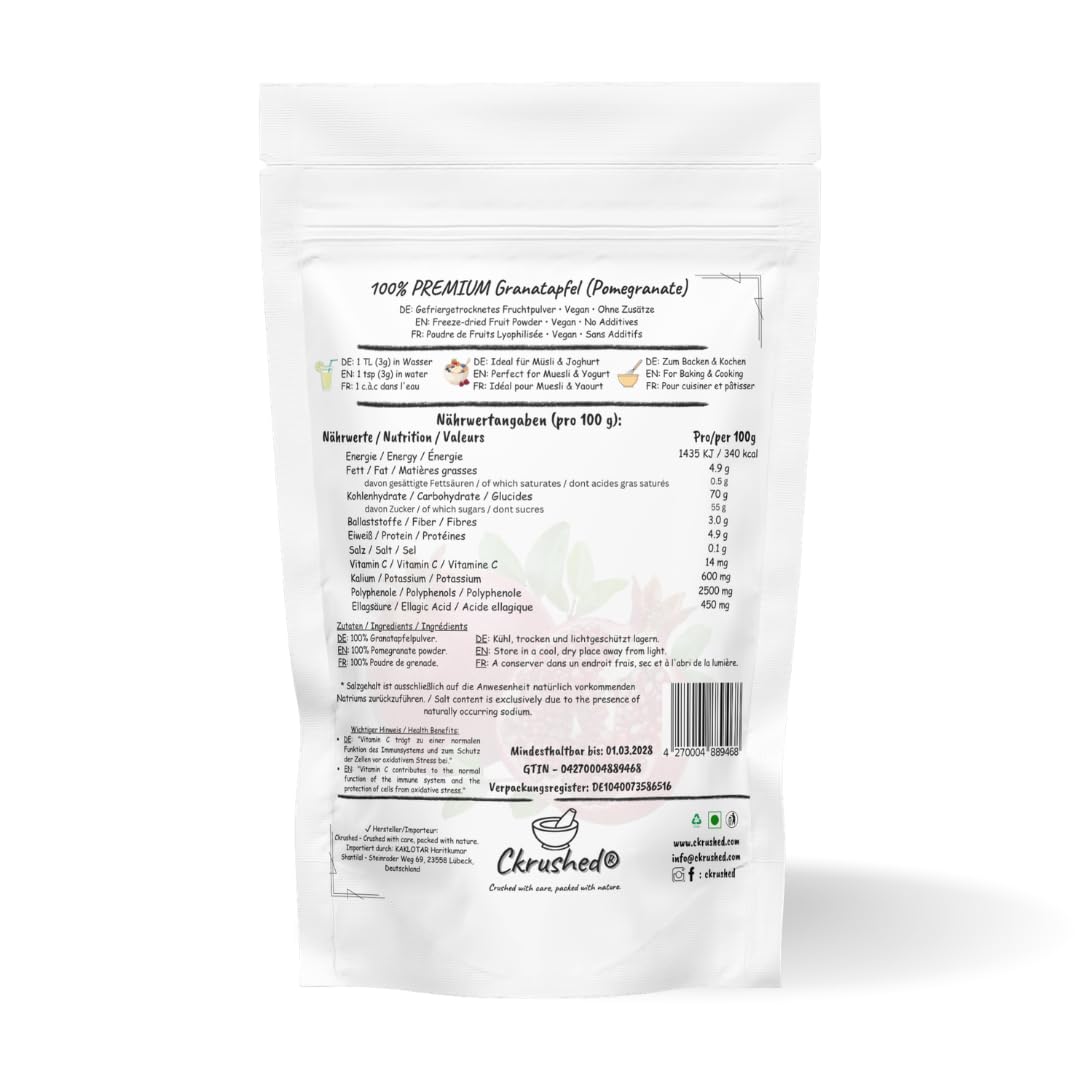 Ckrushed Granatapfel Pulver 100g – Gefriergetrocknetes Granatapfelpulver – Natürlich reich an Polyphenolen & Vitamin C – Für Smoothies, Bowls, Gesicht & Haarpflege – Ohne Zusätze – Vegan