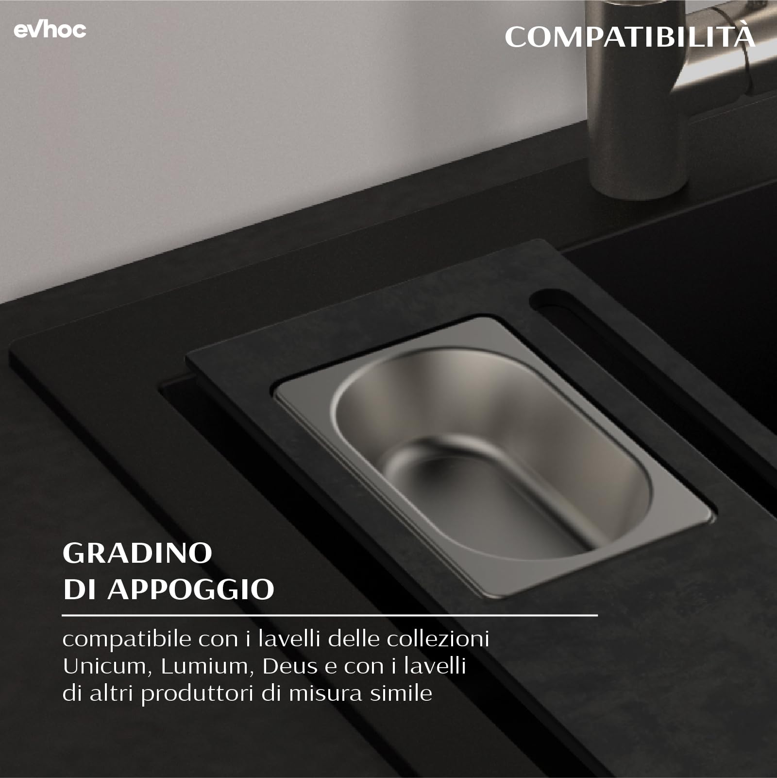 EVHOC Tagliere Hpl per Lavello Cucina, 42x17 cm, Petra, COMPLEMENT PLUS 170 | Tagliere Multifunzione da Appoggio con Vaschetta Acciaio Inox, Made in Italy