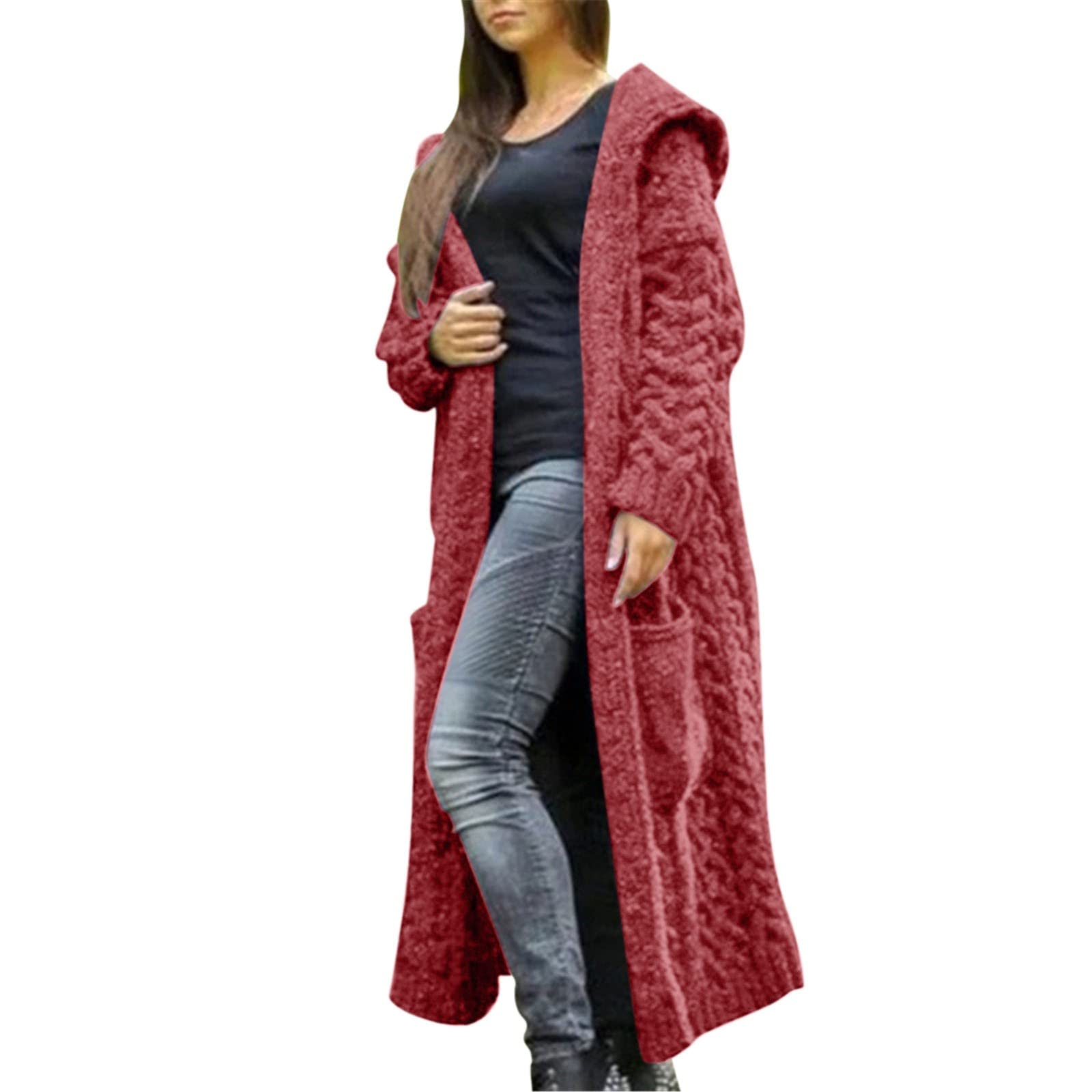 Chaqueta de punto grueso para mujer, chaqueta de punto grande para mujer, largo con capucha, elegante cárdigan largo con bolsillos, suéter informal, cálido, chaqueta de entretiempo, manga larga,