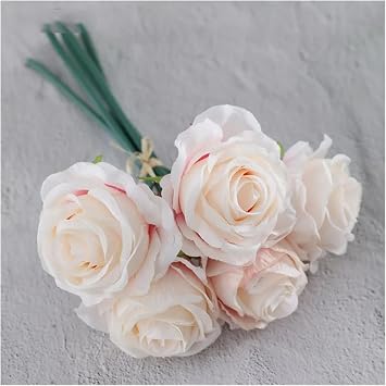 Artificial Flowers in Vase Bouquet Bridal Wedding Bouquet Artificial Silk Rose 5 Heads Rose Flower White Bouquet Home Party Wedding Decoration Artificial Flowers for Vase Champagne