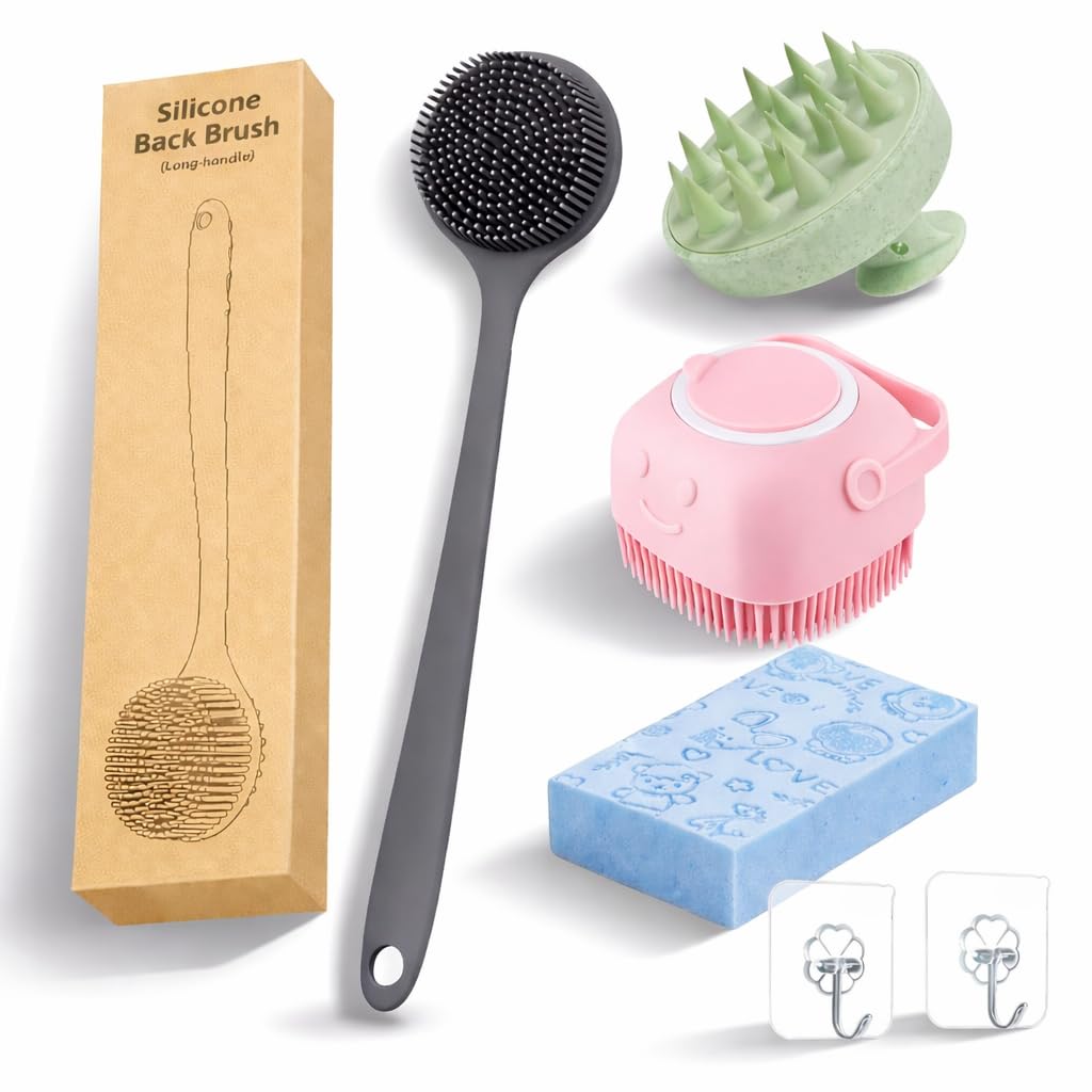 6 PCS Bath Accessories COMBO | Long Handle Back Scrub Brush + Soap Dispenser Shower Scrubber + Scalp Shampoo Massager + Exfoliating Loofah + 2 Self Adhesive Hooks | Bathroom Cleaning Kit for Men Women-image-14