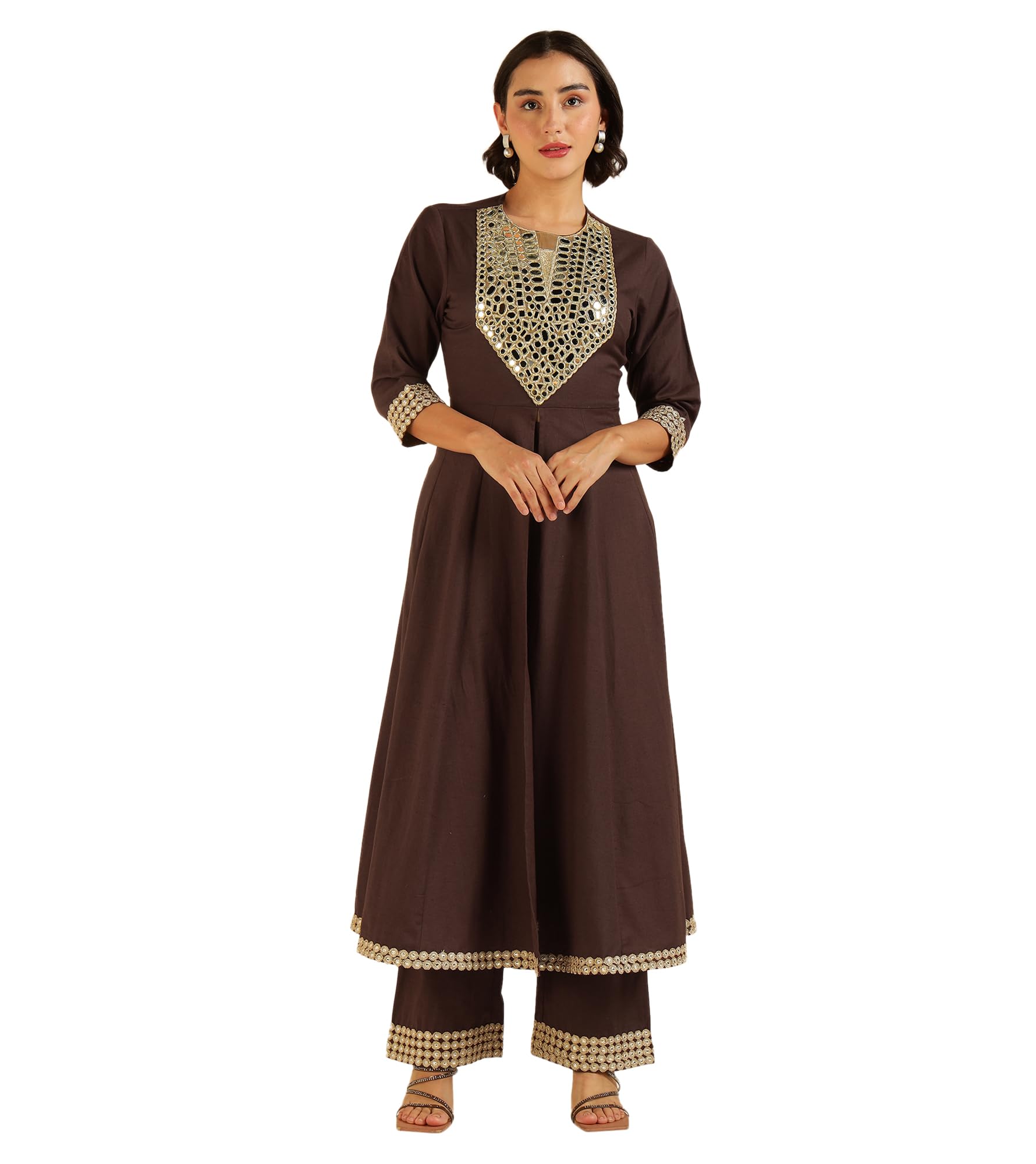 deebaco Women's Solid Cotton Flex Ankle Length Anarkali Tunic with Palazzo Co Ord Set for Women Fashion Stylish|Round Neck|Long Dress for Woman Two Piece|Party (Brown)-picture-42