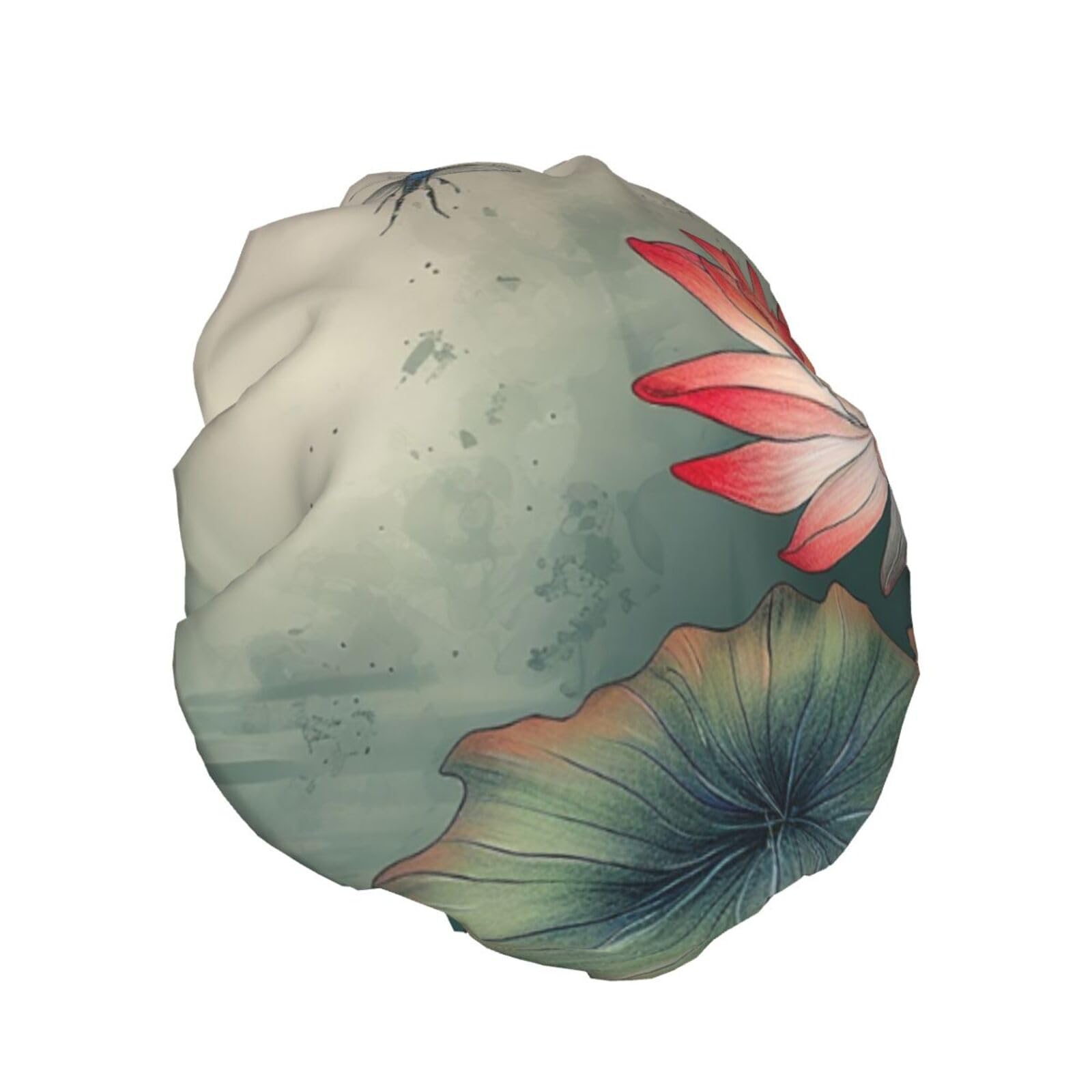 Flower and Dragonfly Shower Cap for Women Reusable Waterproof Shower Bonnet Washable Elastic Band Bath Hair Hat Double Layered Bath Cap Extra Large for Long Hair