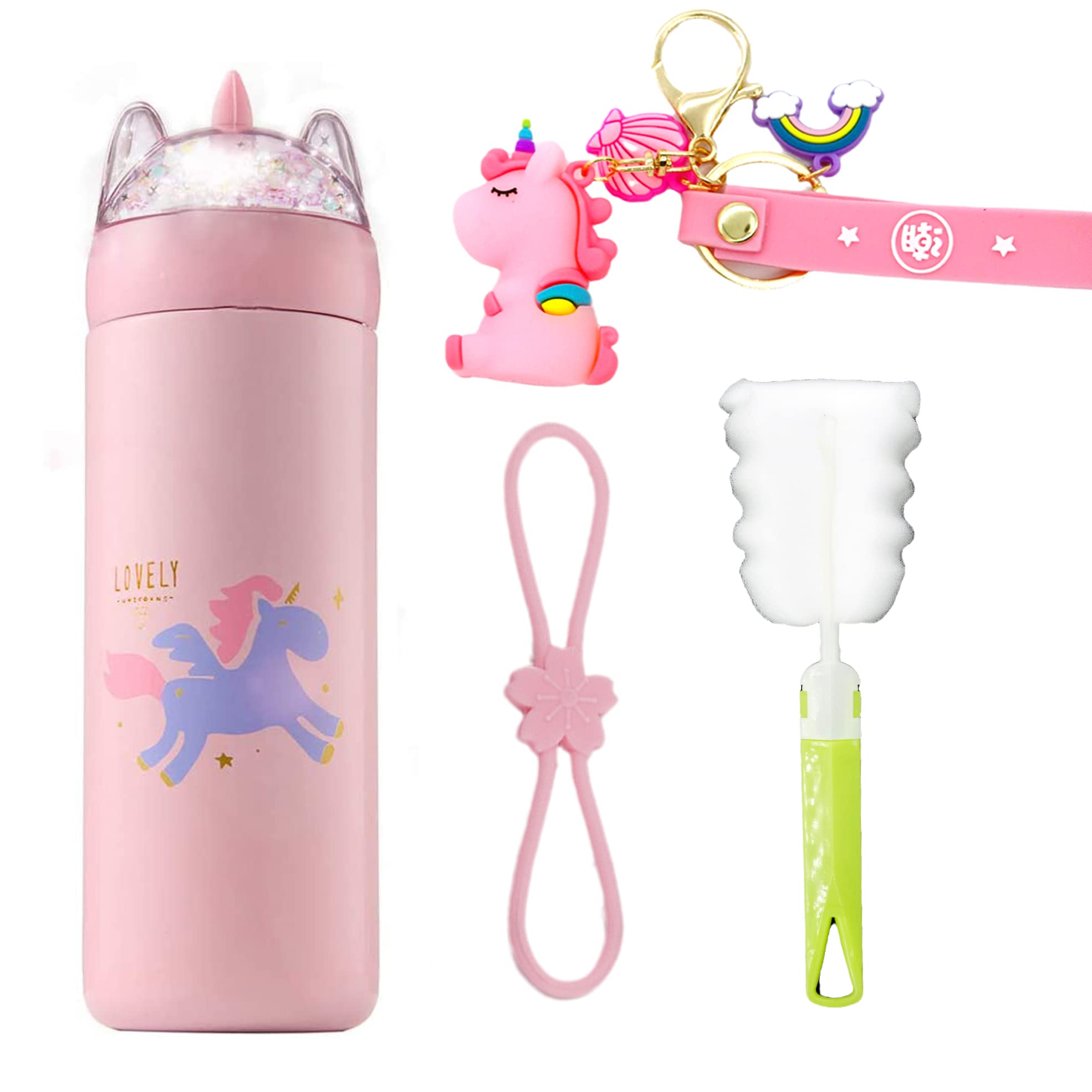 Unicorn Kid Water Bottle for School Thermos with Lid Sparkling Glitter Bottle Stainless Steel Cup Vacuum Bottle Girl Birthday Gift (B pink unicorn, 330ml)