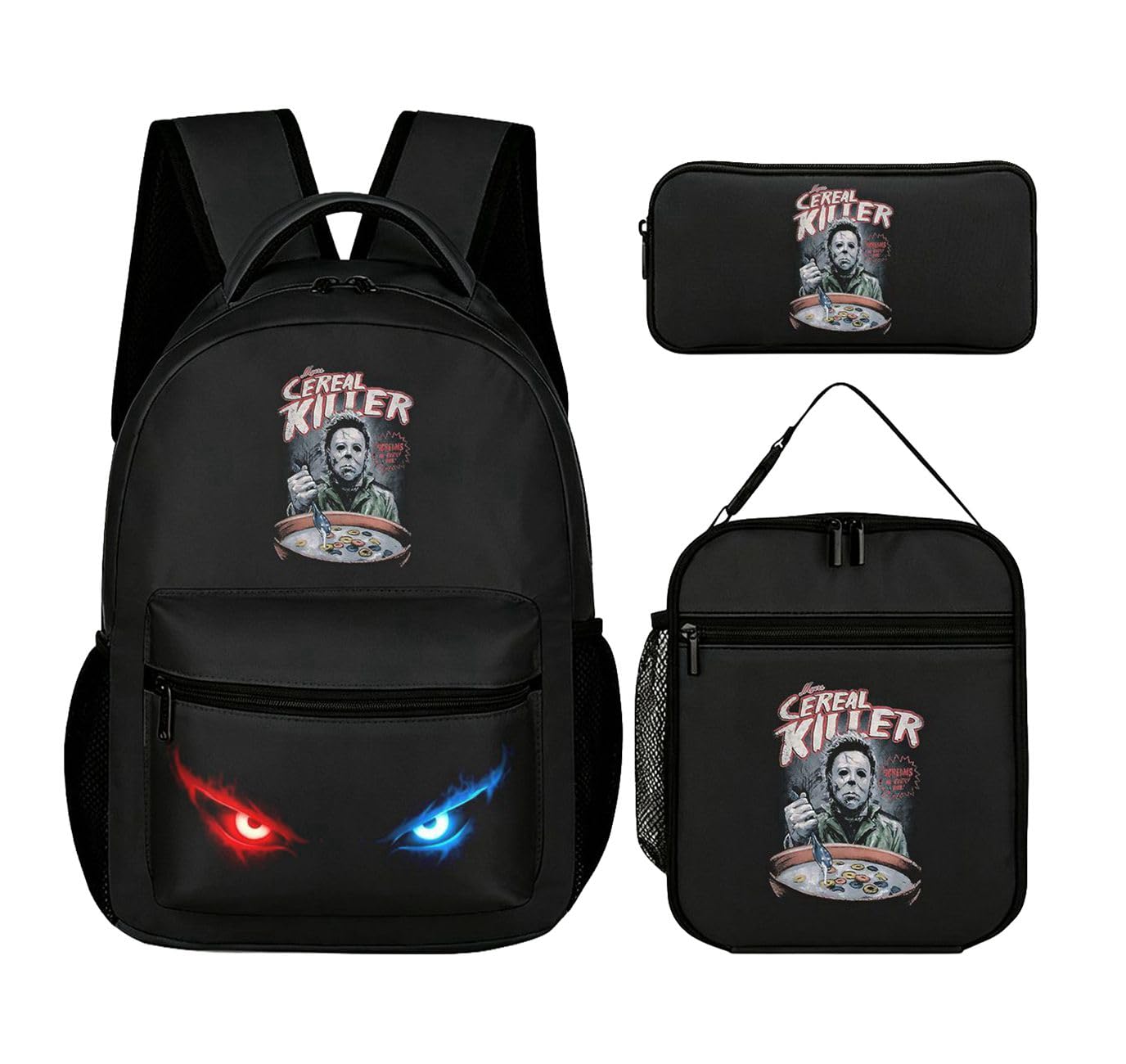 Cereal Killer Michael - Set di tre pezzi con zaino leggero con astuccio e borsa per il pranzo, zaino grande da viaggio, materiale scolastico, regali per studenti, Mvzdq-c-1, One Size, Set di