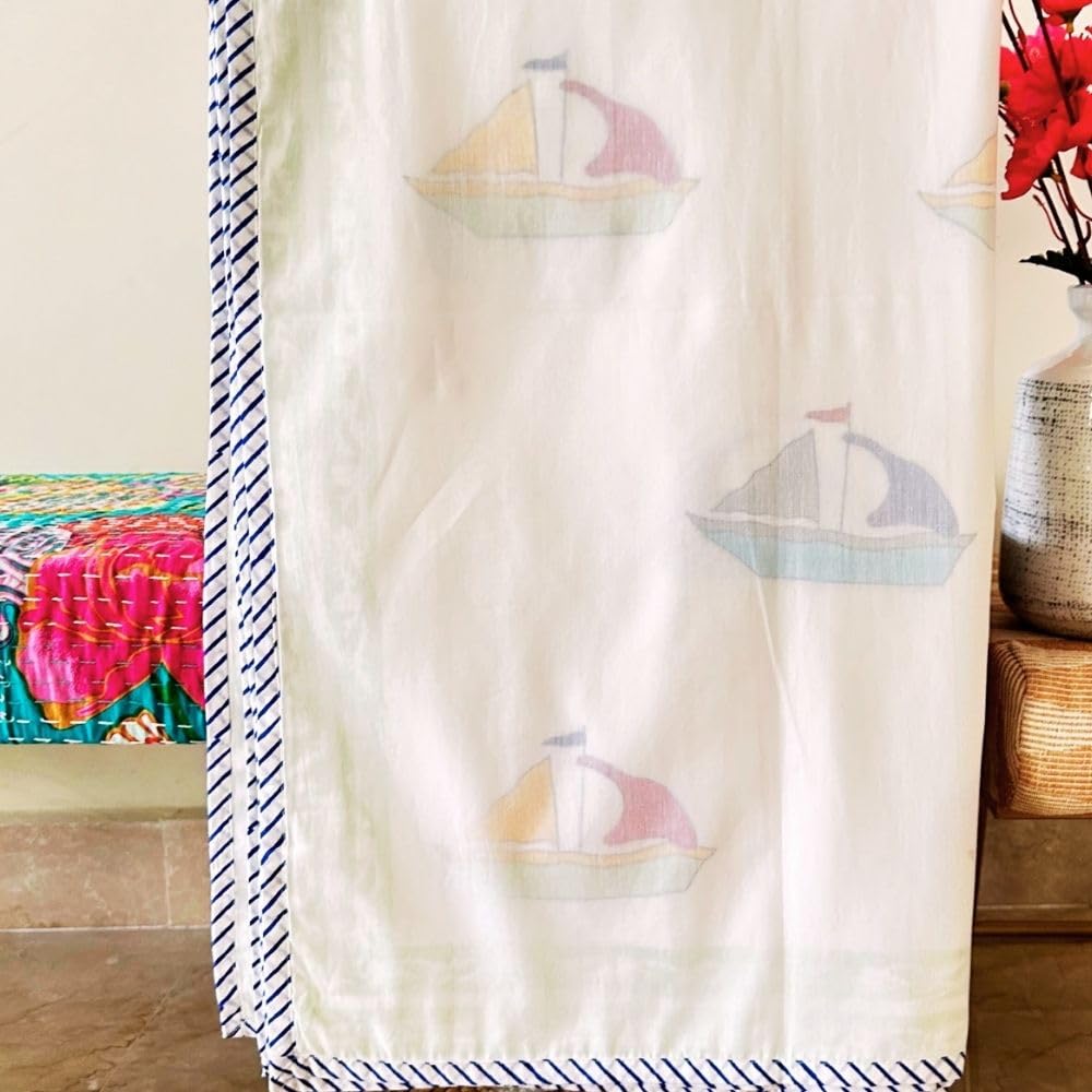 PShomes 100% Muslin 3D Dohar Handblock Kids Blanket - 3-Layer Fabric, Natural Dye & Non-Toxic, Lightweight & All-Season (Boat 40x60) 1