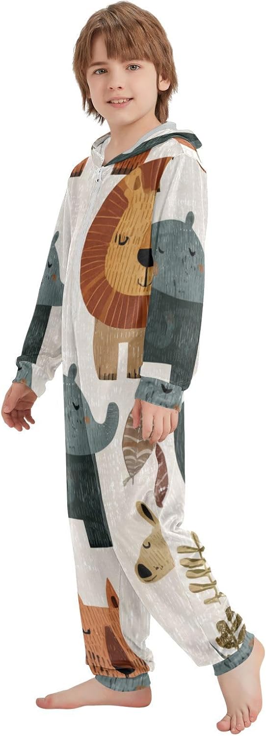 Cartoon Cute Animal BrownUnisex PajamaCute Soft Hooded One-Piecing Pjsfor Parties Sleepovers