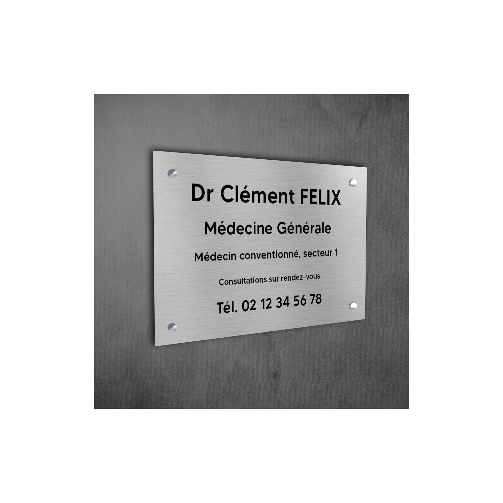 DECOHO - Plaque professionnelle personnalisée en PVC pour médecin - Argent lettres noires Vis + chevilles + cache vis