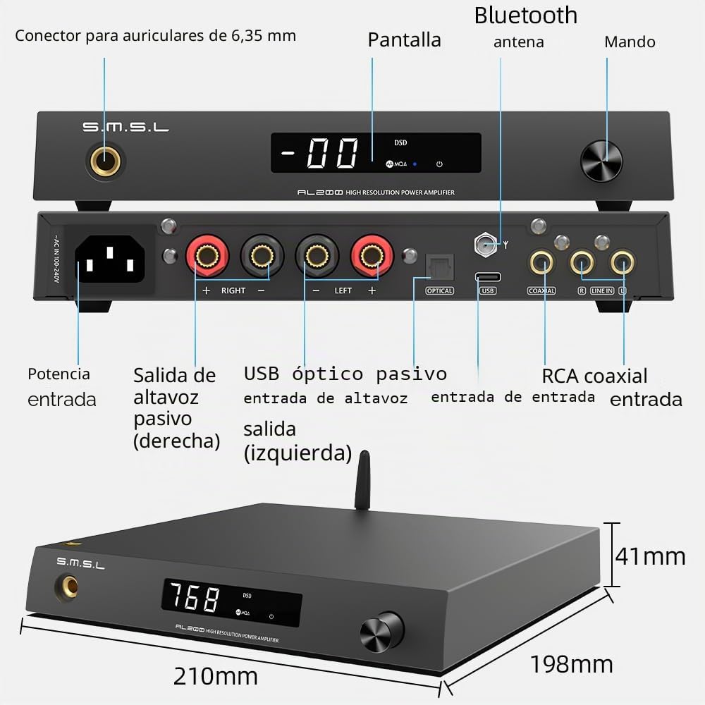 S.M.S.L AL200 Amplificador Integrado Estéreo, Amplificador de Auriculares de Audio Clase D de 2 Canales, Chip MA5332MS XMOS XU-316 MQA DSD Nativo 256, Entrada RCA/Bluetooth/USB/Coaxial/Optica
