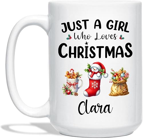 Taza de café de Navidad personalizada, taza de café con texto en inglés Just A Girl Who Loves Christmas, taza de cerámica personalizada con nombre,