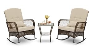 3 Piece Rocking Bistro Set Wicker Outdoor Patio Chairs Rattan Conversation Sets with Coffee Table for Patio, Porch, Backyard, Balcony, Poolside and Garden (Beige)