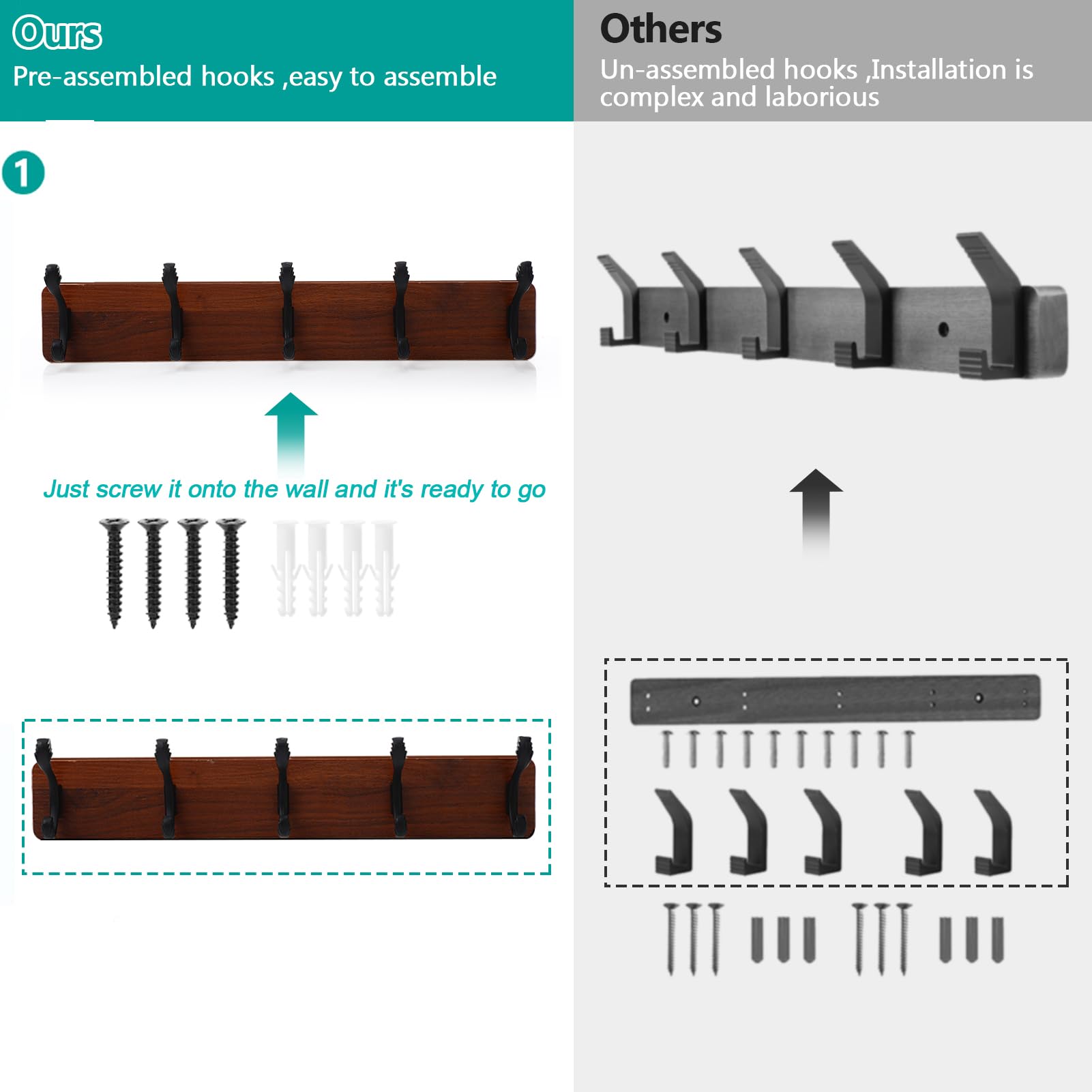 TORZCT 2PCS Coat Rack Wall Mount Coat Hooks Coat Hanger with 5 Hooks 2 Installation Over Door Hooks Wood Plank Hat Rack for Wall Hooks Hanging Coat Hat Jacketgt Mudroom Bathroom Entryway-Black