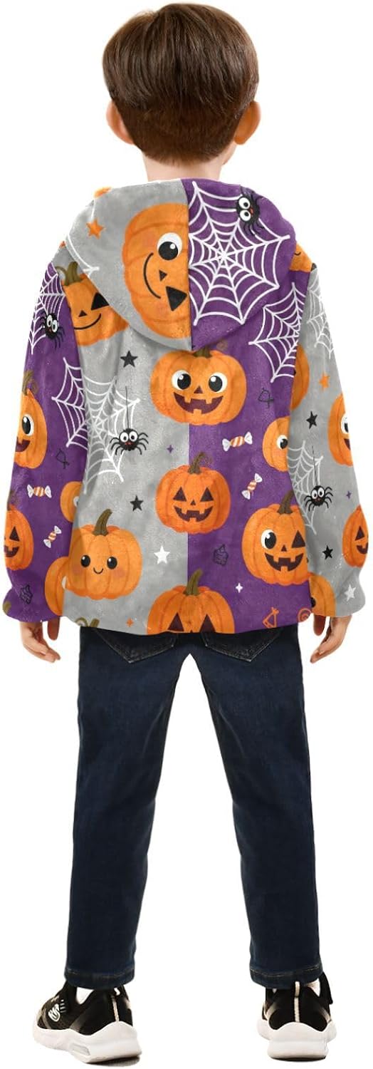GuoChe Pumpkins with Spider Webs Fleece Zip Up Jacket Winter Coat Children