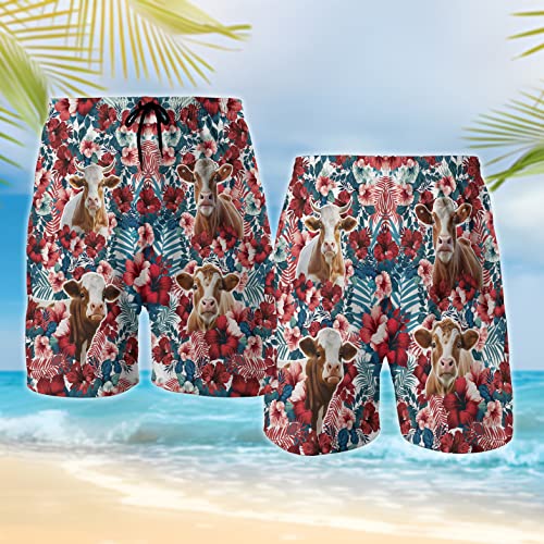 Floral Cow Mens Shorts - Summer Beach Hawaiian Shorts for Men - Drawstring Beach Shorts, Mens Swimming Trunks Set 22