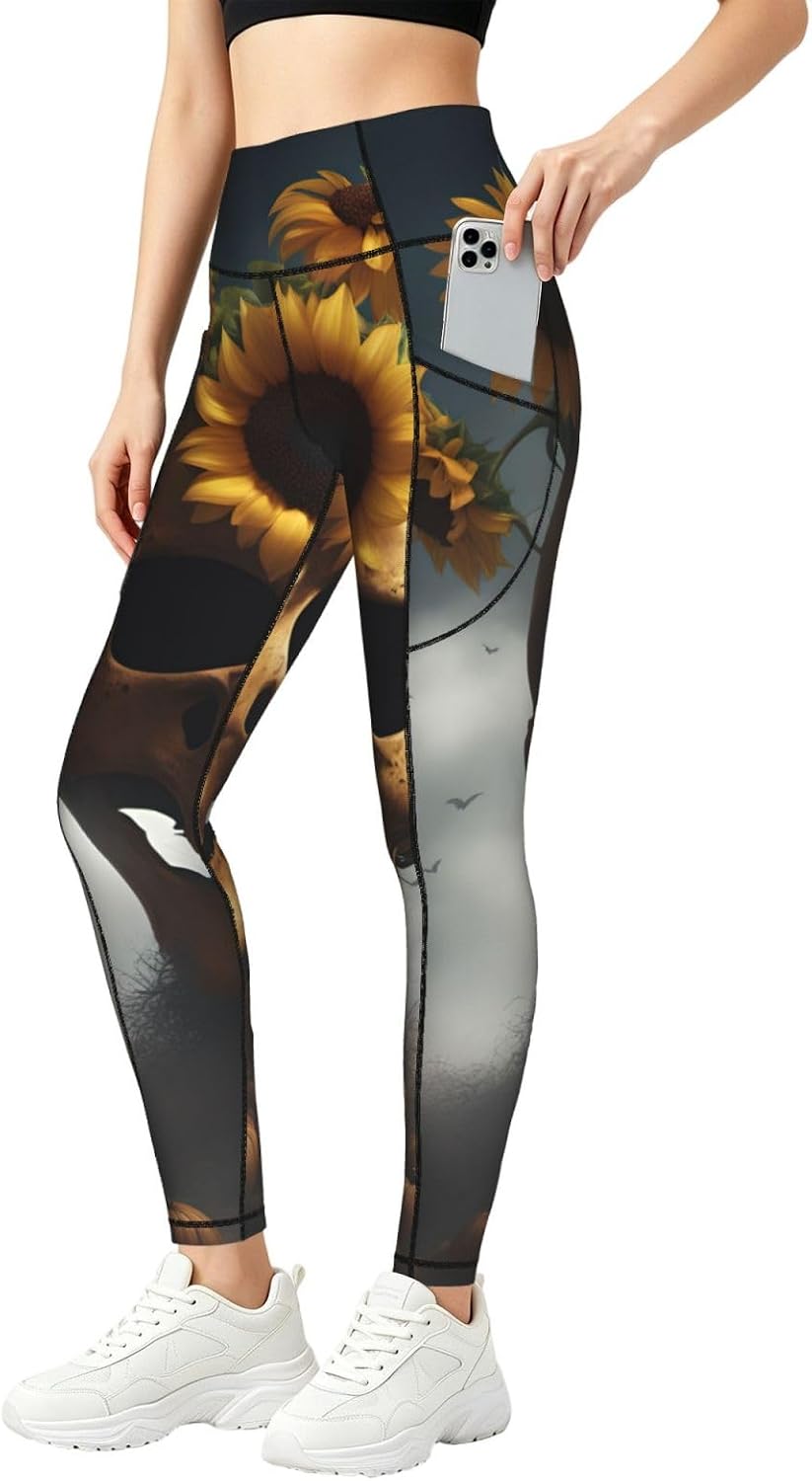 Sunflower Halloween Skull Print Leggings with Pockets,High Waist Tummy Control Pants, Workout Sets for Women