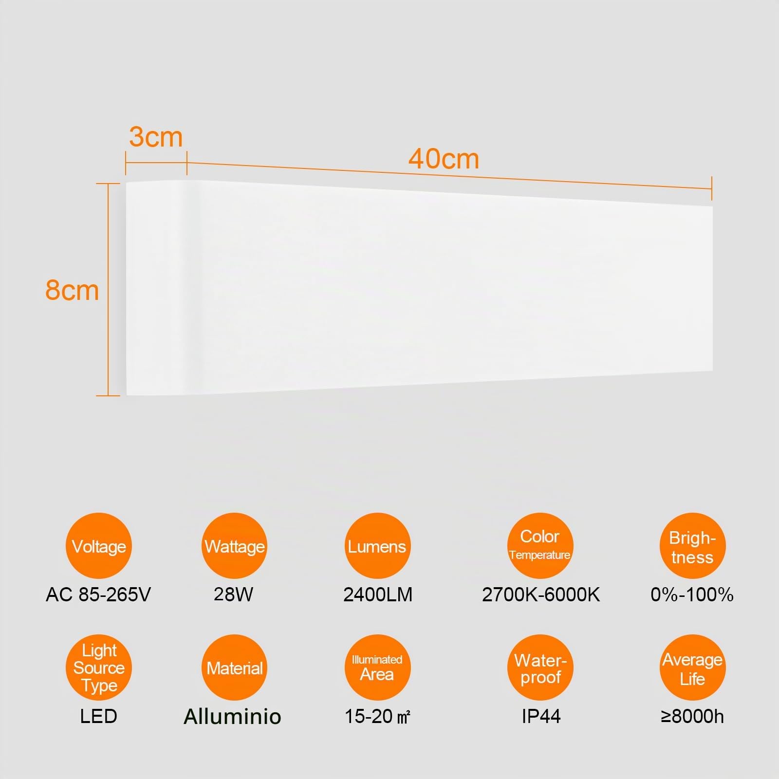 ENCOFT 28W Applique da Parete Interno Esterno Dimmerabile 40cm | Lampada da Parete con Telecomando, luci da esterno in Alluminio, Rettangolare Up Down Spot 2700K-6000K, Bianco
