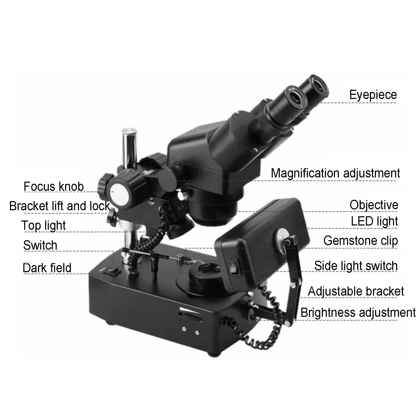 Microscopio Binocular estereoscópico para Gemas, Aumento de 10-40X, oculares WF10x, Objetivo con Zoom de 1X-4X, iluminación Superior, Inferior y Lateral