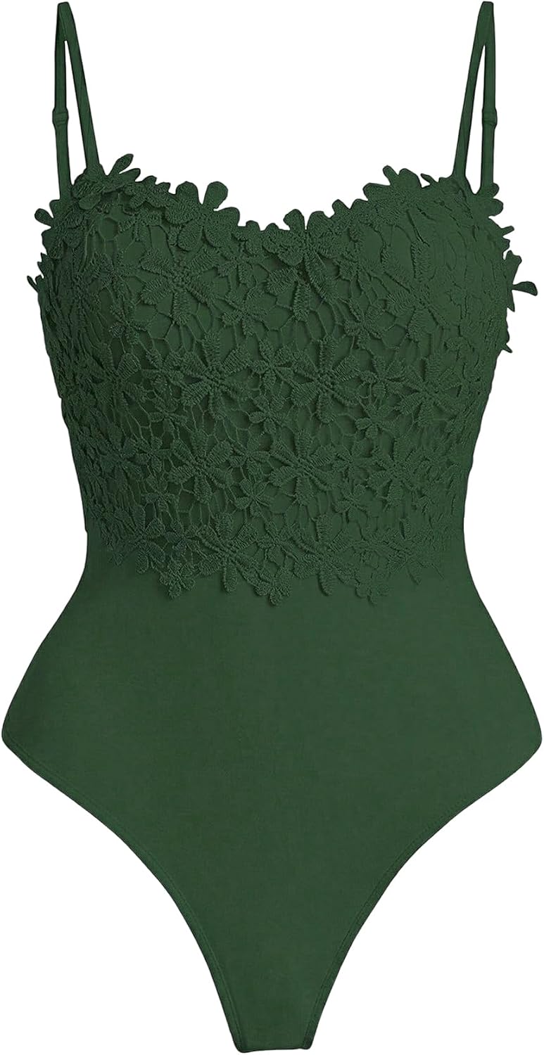 OYOANGLE Women's Plus Size Floral Lace Sleeveless Bodysuit Spaghetti Straps Going Out Cami Tops