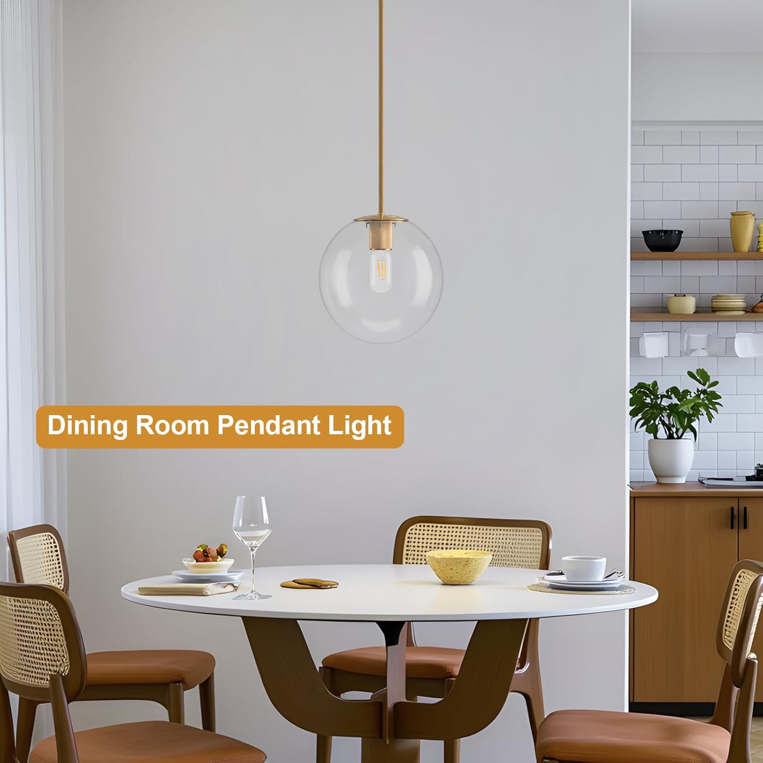 10in Globe Glass Pendant Light, Mid Century Modern Pendant Lights Kitchen Island, Brass Fininsh Hanging Light Fixture for Dining Room Over Table Sink Hallway, Gold & Clear 1 Pack