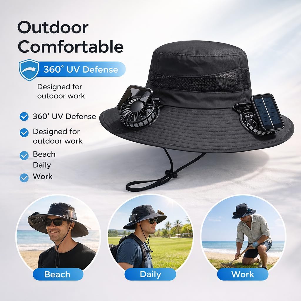 Upgraded 2-in-1 Solar/USB Charging Hands-Free Hat Fan, UPF 50+ Sun Protection, Water Repellent, Quiet Operation Adjustable Speeds with Detachable Neck Fan for Fishing Hiking (Ink wash khaki)