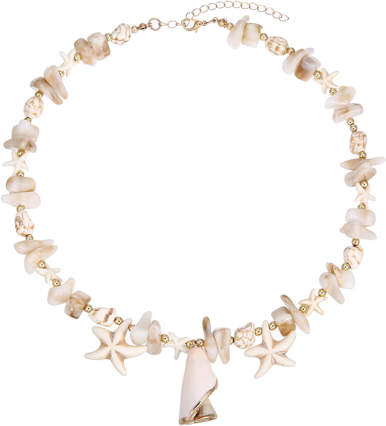 Shell Necklace for Women - Beach Necklace with Starfish & Seashell Charms, Mermaid Accessories, Ocean Themed Chunky Statement Jewelry for Vacation