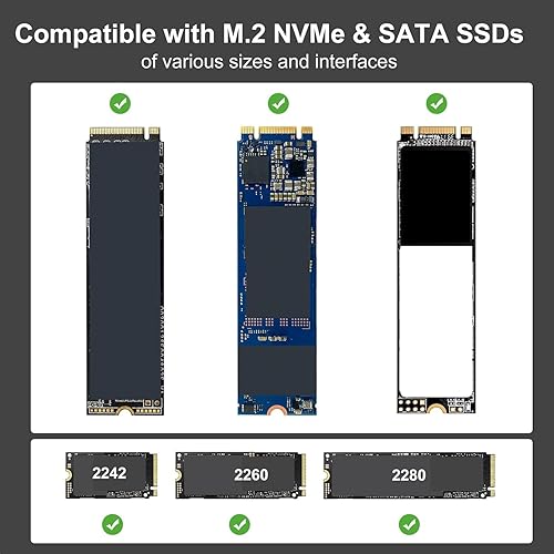 ANYOYO Carcasa SSD SATA M.2 NVME, USB 3.2 Gen 2 10 Gbps Carcasa de unidad de estado sólido para 2242 2260 2280 M.2 NVME/SATA SSD con M-Key o M+B Key